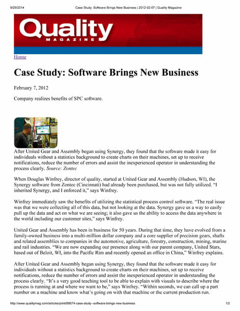 This is a picture of a Quality Magazine article called "Software Brings New Business" about how United Gear and Assembly use Synergy SPC Software to Win New Business.